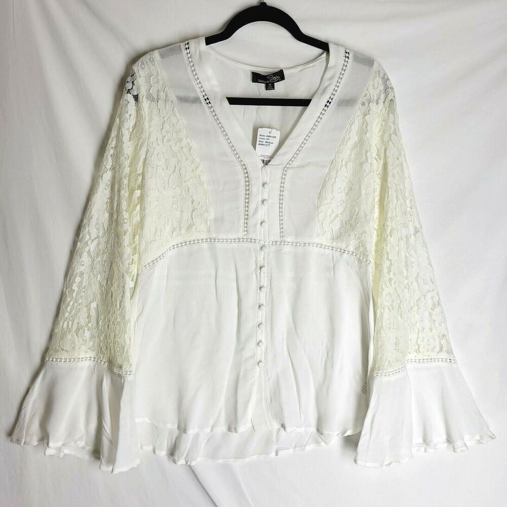 NWT SUZANNE BETRO Women's Blouse White Lace Bell Sleeve Summer Top Size Medium